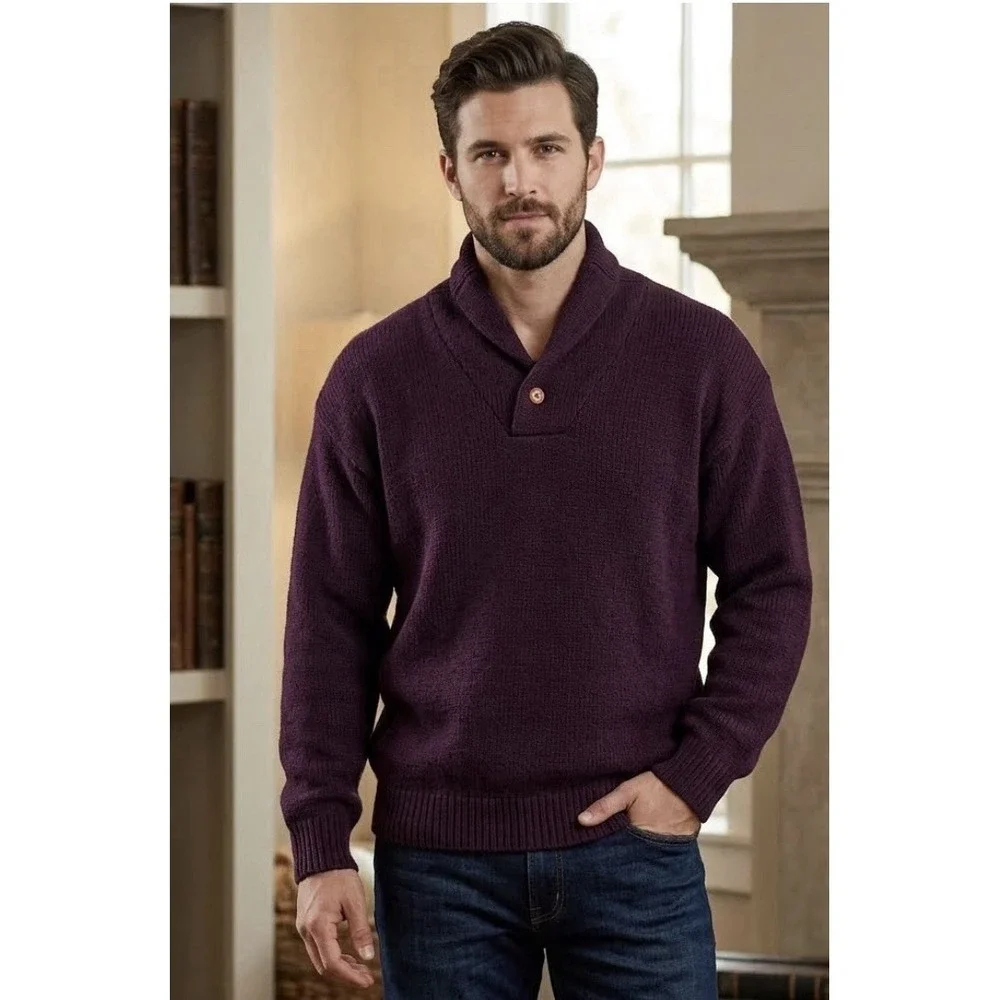 Vtg Eddie Bauer Wool Blend Sweater Mens Large Burgundy Blue Long Sleeve Pullover